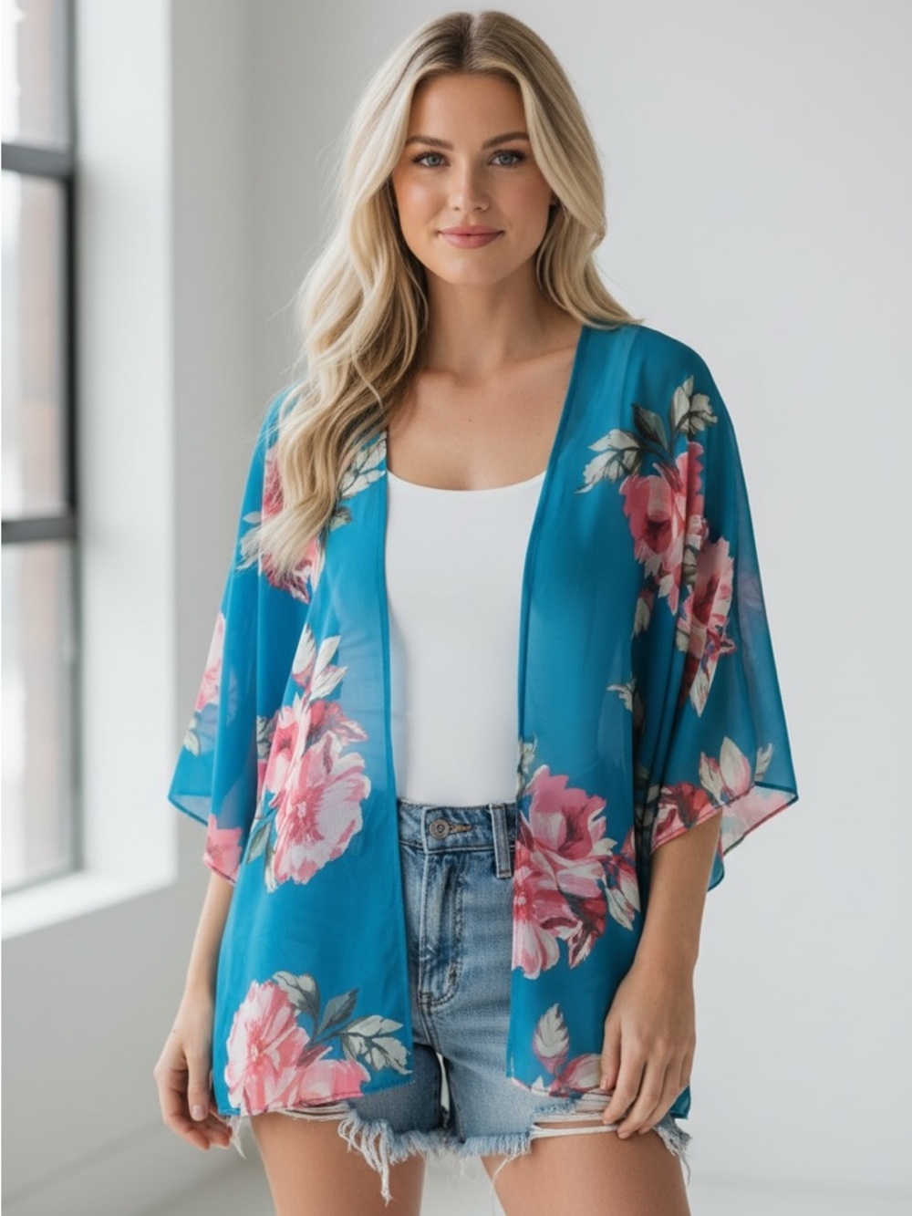 Blue & Pink Floral Sheer Kimono Duster Cover-Up